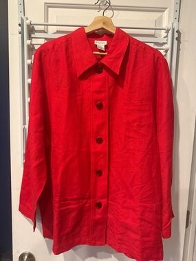 Classic Red Button-Front Linen Shirt Jacket